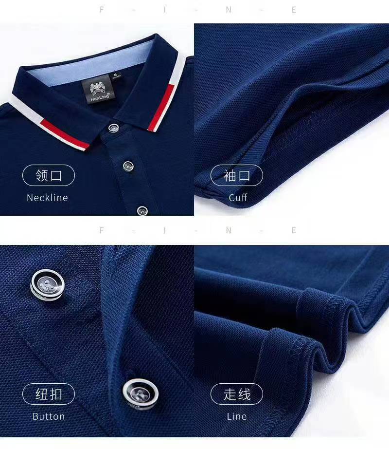 藏蓝色POLO衫领口纽扣与面料细节